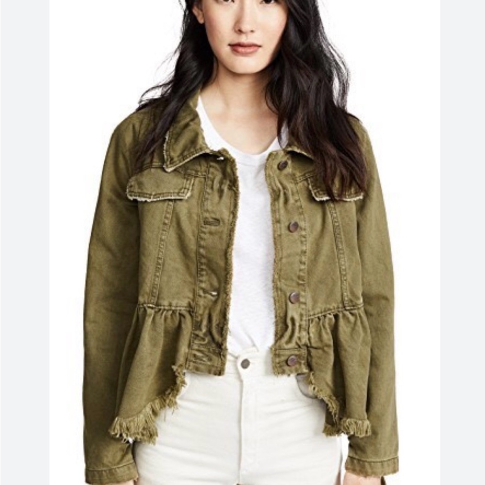 Free People Willow Ruffled Denim Jacket Olive Green